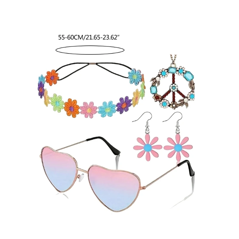 Hippie-Kostümzubehör für Damen, Hippie-Sonnenbrille, Blumenohrringe, Stirnband