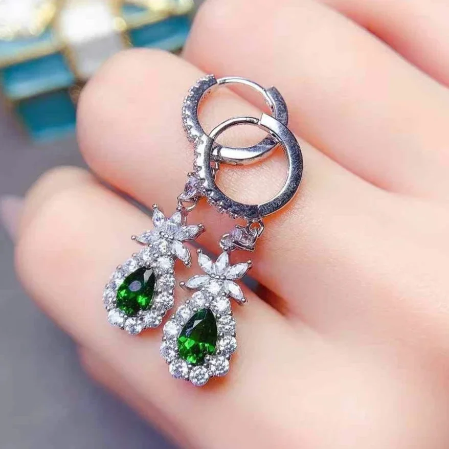 

Classic Silver Drop Earrings with Gemstones 4mm*6mm Natural Diopside Silver Earrings 925 Silver Diopside Jewelry