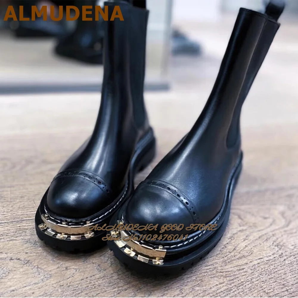 ALMUDENA Gold Teeth Shaped Steel Toe Flat Ankle Boots Black Matte Leather Metal Decorated Booties Elastic Band Patchwork Shoes