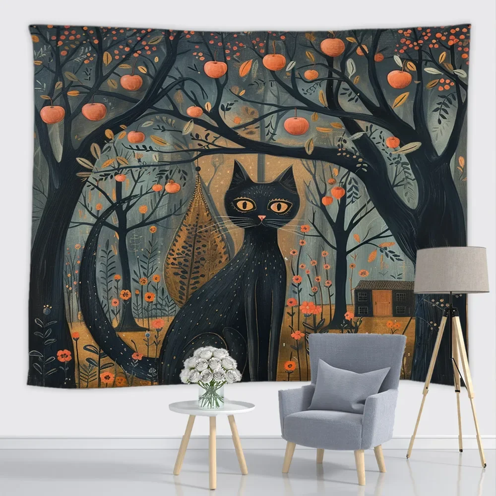 Black Cat Oil Painting Artwork Tapestry Bohemian Beach Mat Polyester Thin Blanket Yoga Shawl Cushion Blanket New Wall Deco Mural