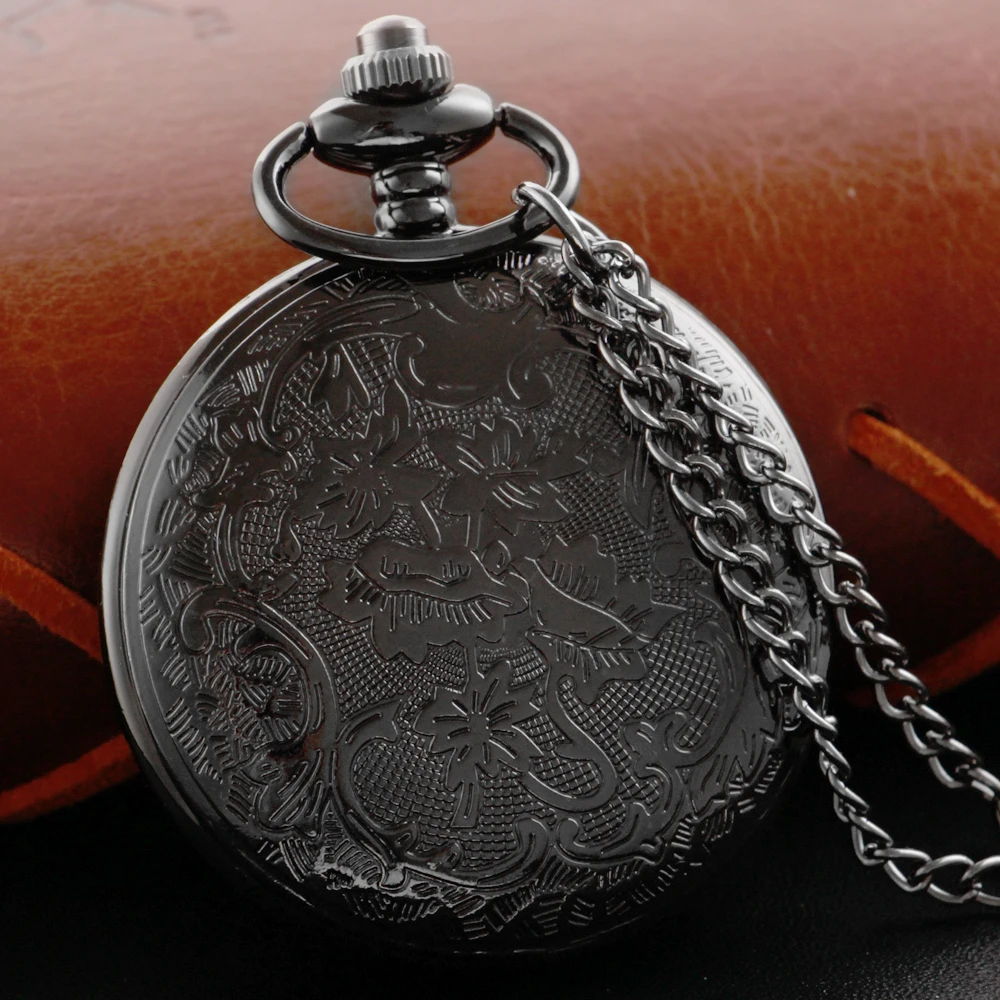 New Black Digital Relief Unisex Fashion Roman Digital Quartz Steampunk Pocket Watch Women's Necklace Pendant with Chain Gift