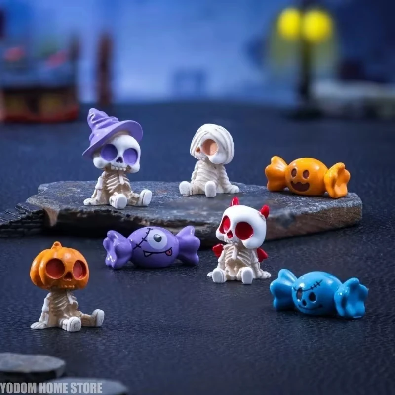 8pcs Miniature Resin Craft Skeleton Pumpkin Devil Skull Figurines Halloween Ornaments Fairy Garden Decor DIY Accessory Set