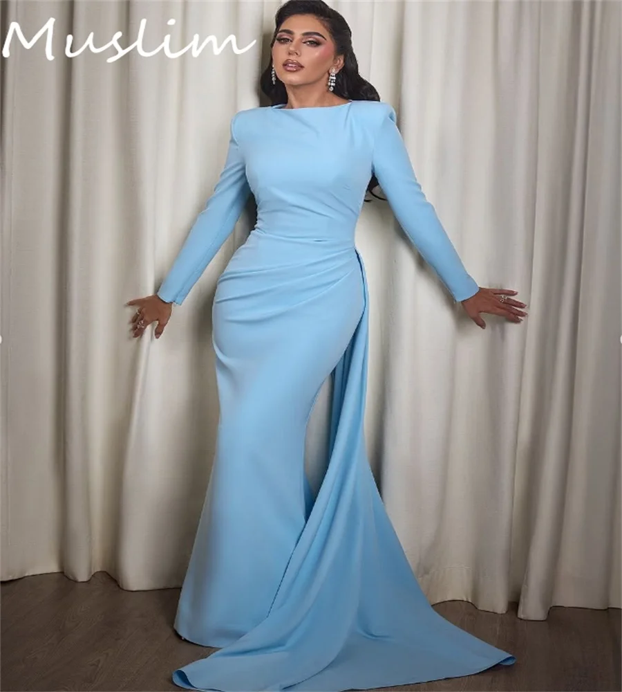 Vestido de noche de sirena azul claro con tren vestido de fiesta árabe musulmán manga larga ocasión de cumpleaños británica Formal personalizado