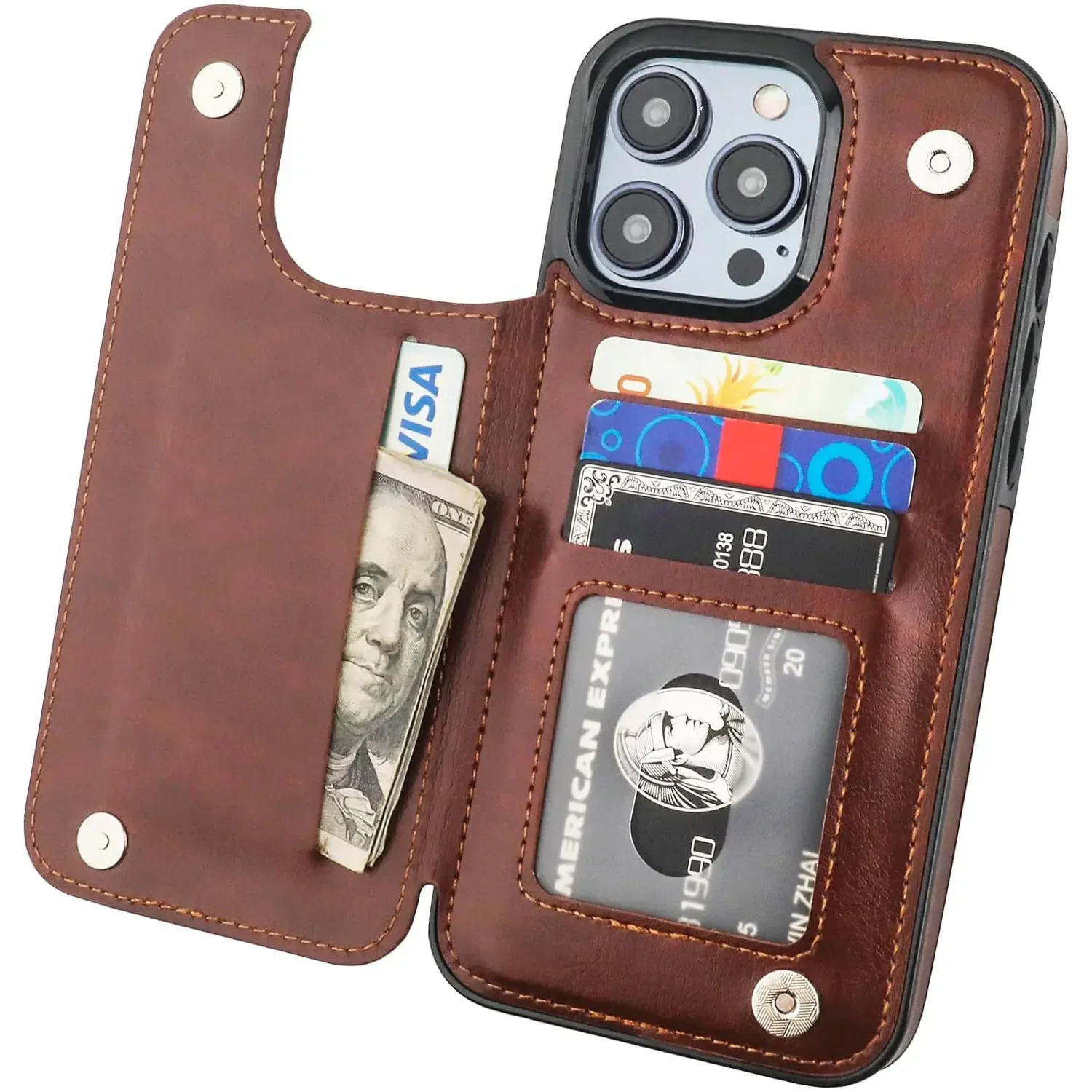 PU Leather for iPhone 15 14 13 12 11 Pro Max XR XS Max Wallet Case with Card Slots and Stand Function Drop Protection Cover