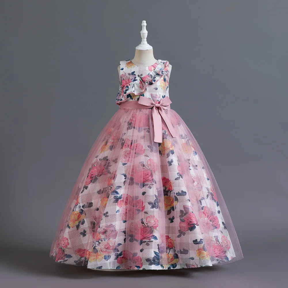 

Kids Sleeveless Floral Print Girl Asymmetric Ruffled Shoulder Dress Accent Sash Tied Children Waist Bow Layered Tulle Gown Skirt