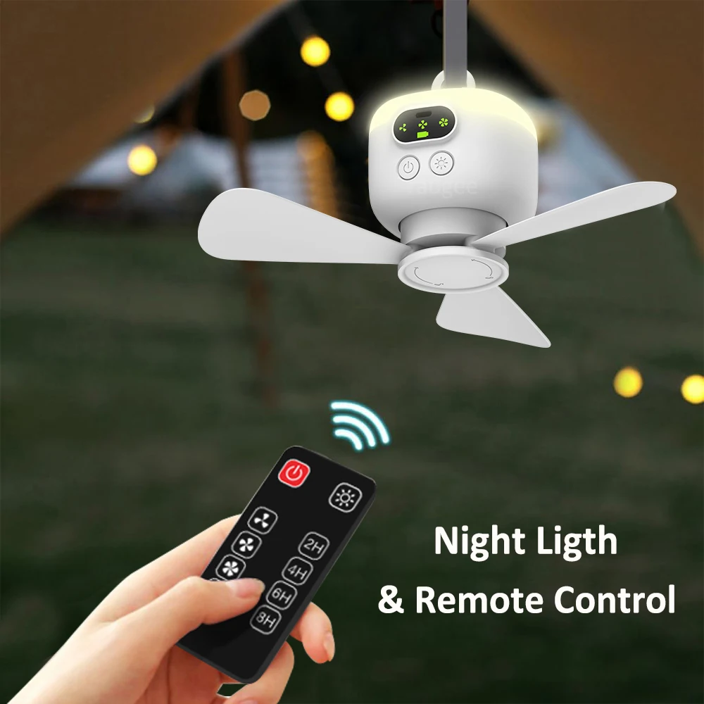 Portable Ceiling Fan Camping Tent Air Circulator Cooler 8000mAh Rechargeable Wireless Ceiling Fans With Remote Control LED Light