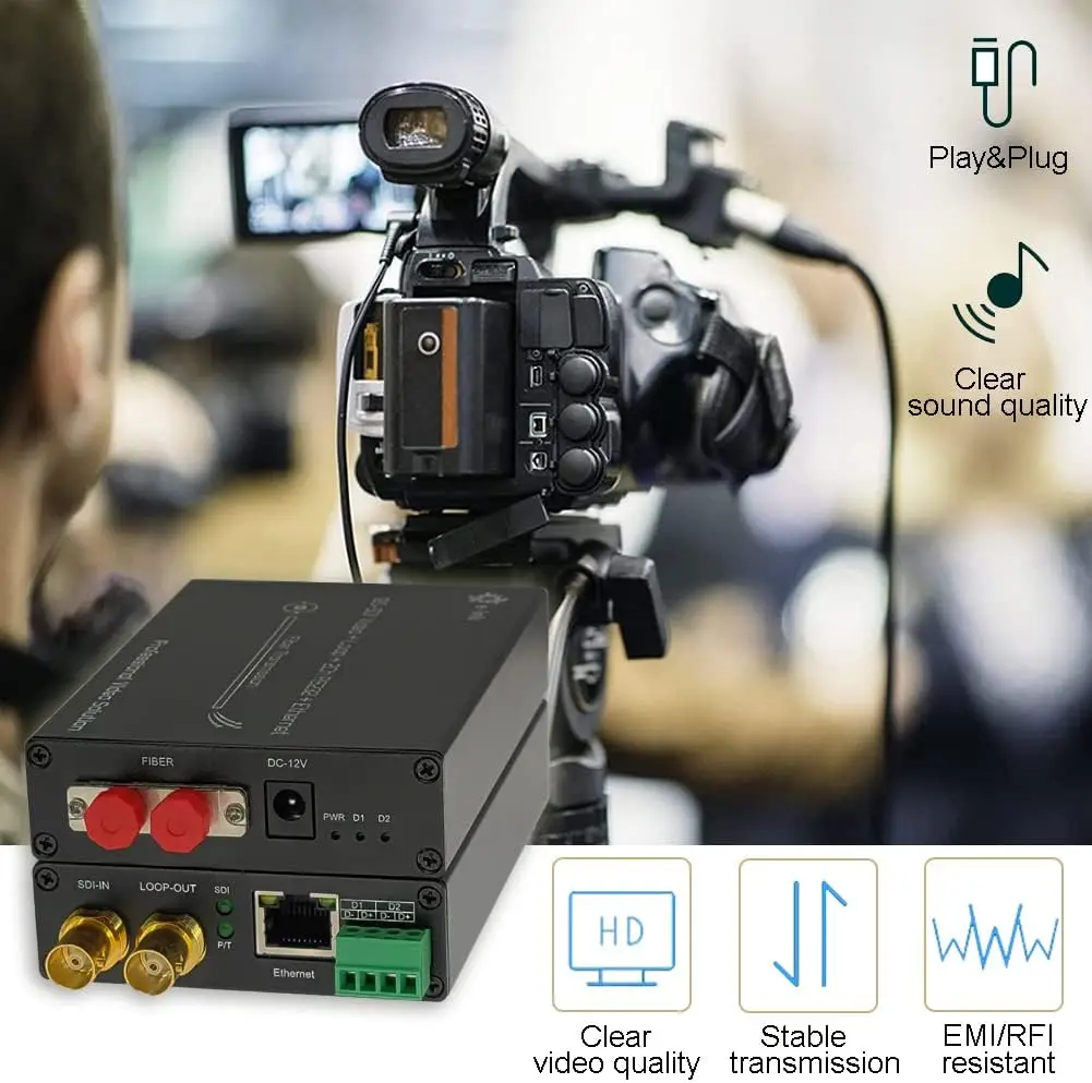 12G-SDI Fiber Converter with 10/100/1000M Ethernet, 2Ch RS485 Tally and Loop Output, Supports 4K*2K, Over Fiber Extender 20km FC