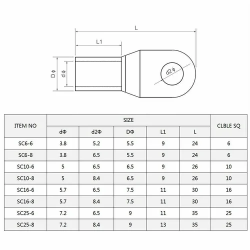 Imagen 2 del producto 100 terminales de engarzado de cobre, SC6-6 SC6-8 SC10-6 SC10-8 SC16-6 SC16-10 para conexiones eléctricas seguras de cables y cables