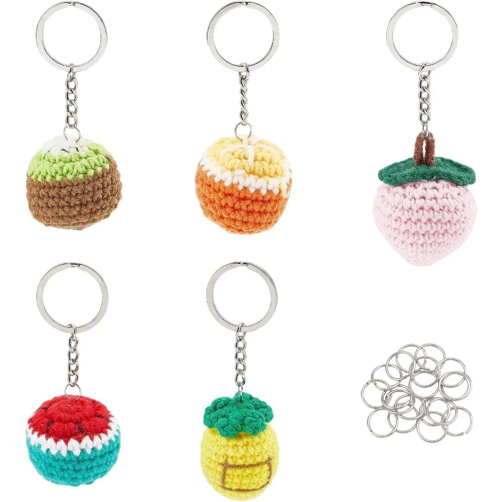

5 Set Crochet Fruit Keychain 5 Style (Orange/Peach/Pineapple/Kiwi/Watermelon) Cotton Knitting Keychain with Metal Split Key