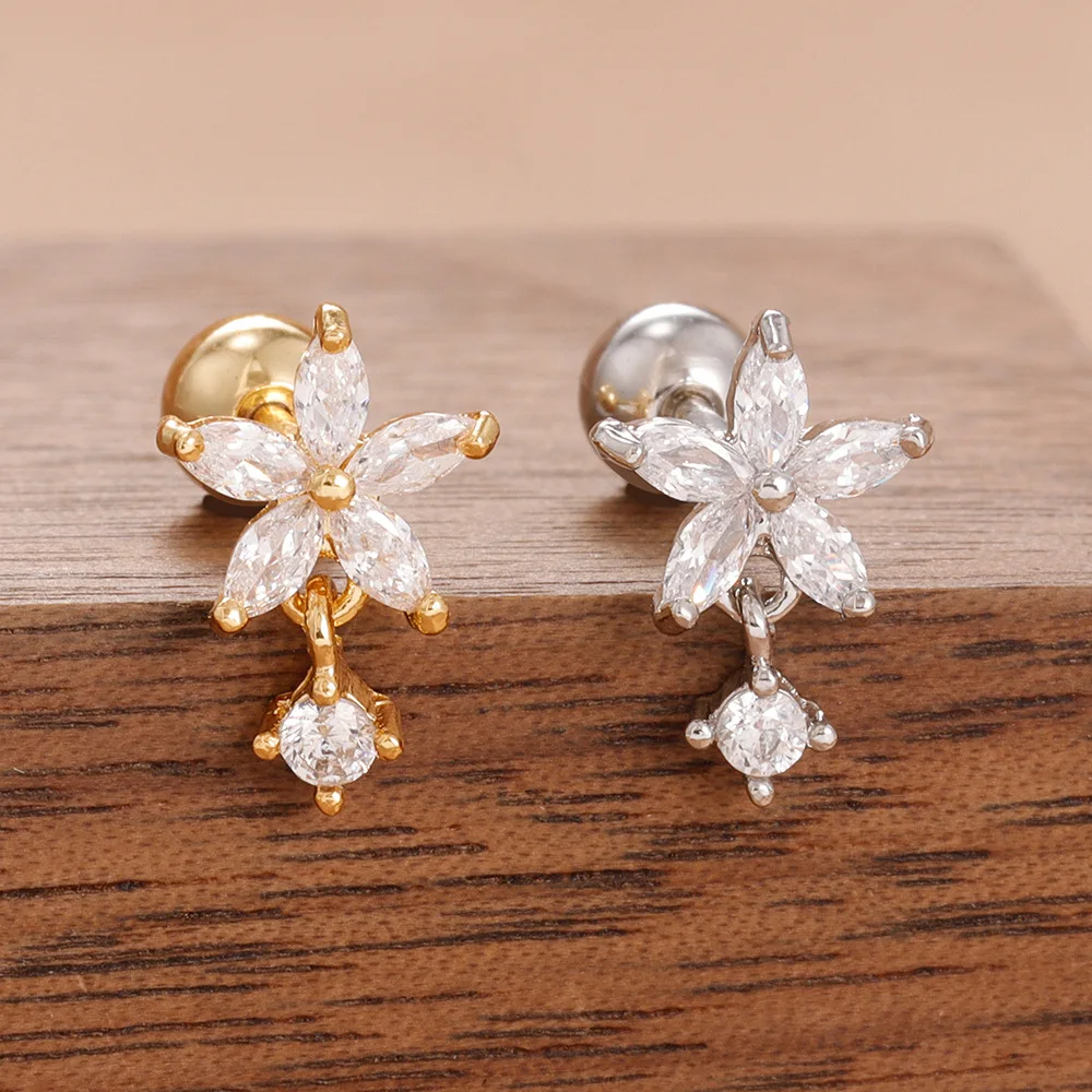 1pcs Stainless Steel Zircon Flower Tiny Stud Earrings for Women 18K Gold Plated Statement Piercing Jewelry Gifts Anti Allergic