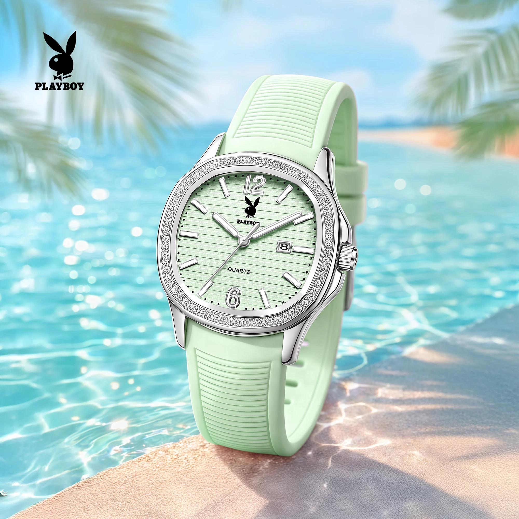 PLAYBOY Womens Quartz Watches Fashion Silicone Strap Diamond Bezel Elegant Ladies Waterproof Wristwatch Luxury Brand Watch 3149