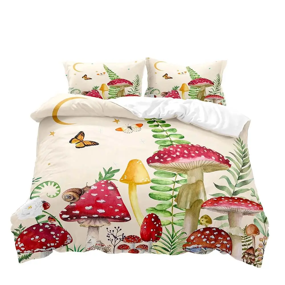 White Mushroom Bedding Set, Duvet Cover Full Size, Green Plant Botanical Comforter Quilt Cover, 2 Pillow Shams for Women Girls