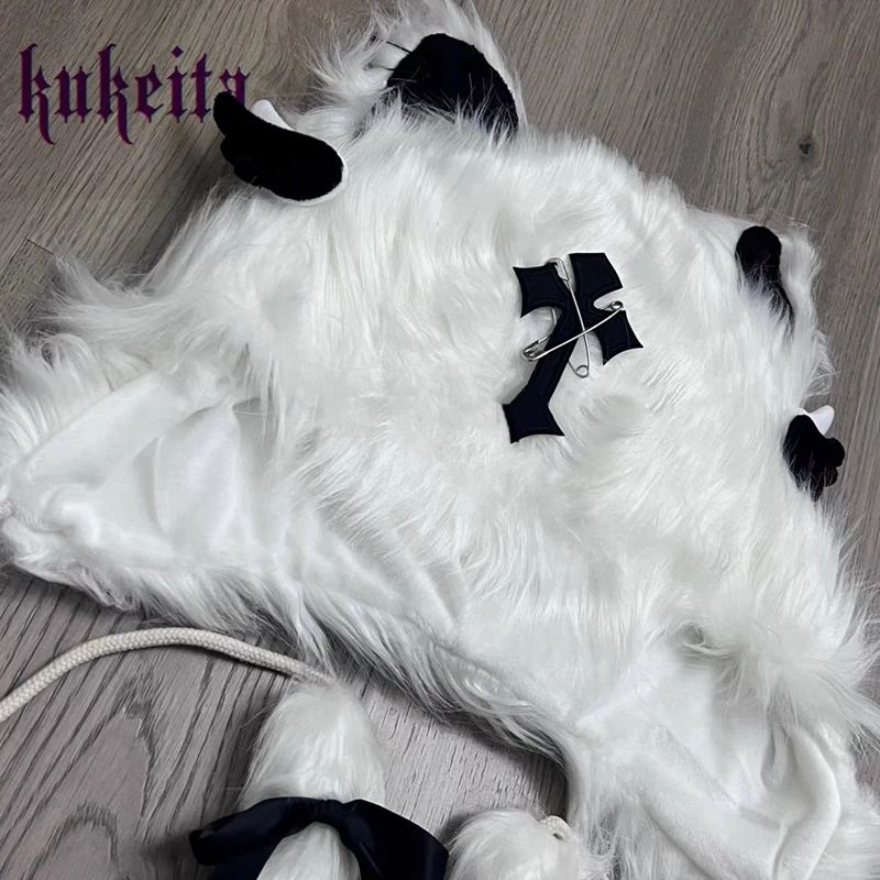 Kukeita Harajuku Gothic Cute Fluffy Plush Faux Fur Cat Ear Hat Y2k Punk Women Winter Windproof Ear Protection Warm Beanie Caps