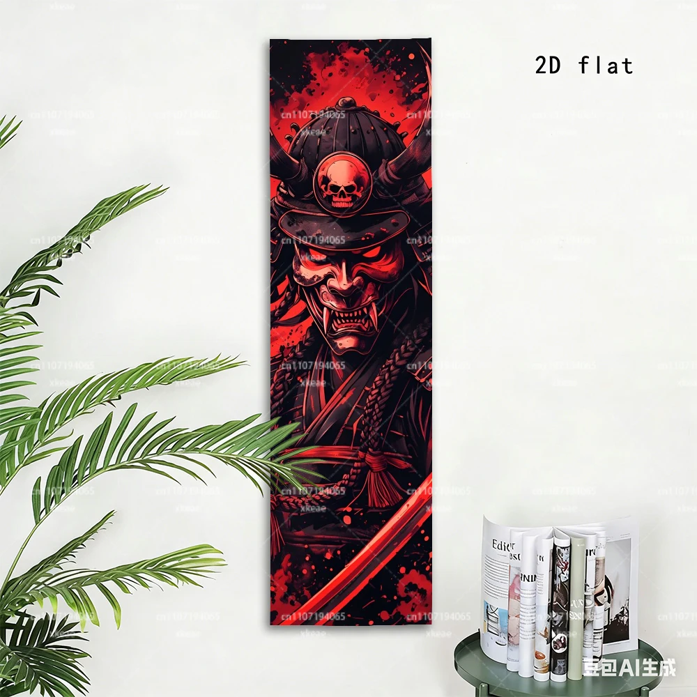 Japanese Samurai Oni Mask Tapestry, Red Demon Vertical Wall Hanging, Cool Anime Art Decor