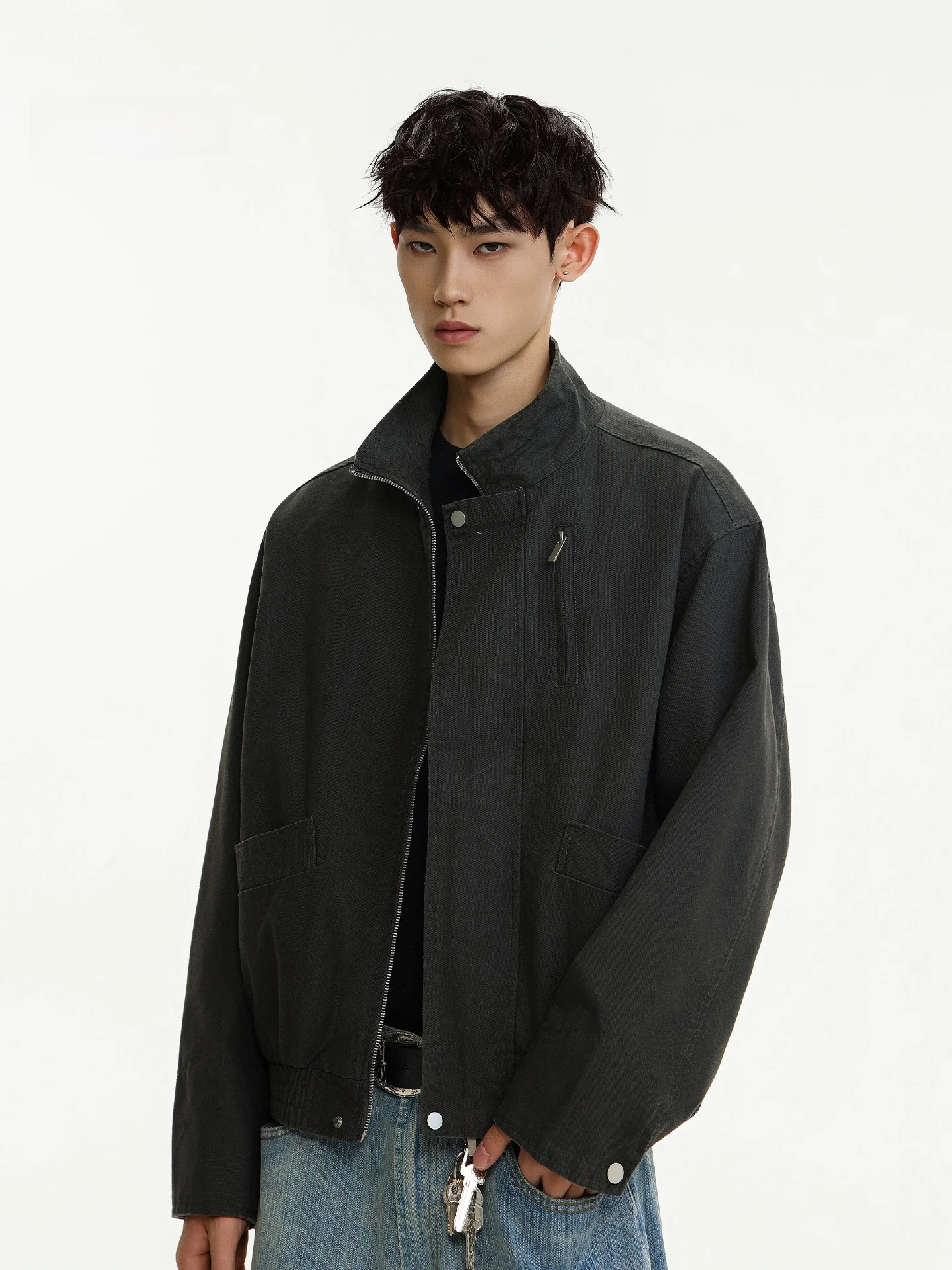 

American Sle Bomber Jaet Men's ort Boxy Barn Sle Stand Collar Workwear Autumn Retro High Sensation Outerwear Coat