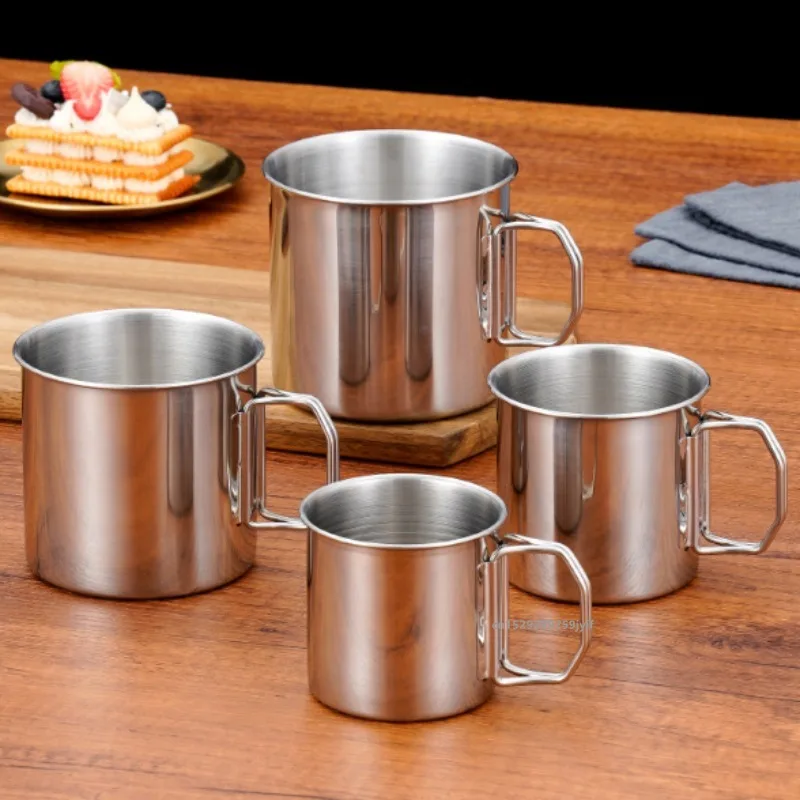 Caneca de aço inoxidável com alça dobrável, caneca portátil para acampamento, viagem, 250ml, 350ml, 500ml, 700ml, para casa, escritório, atividades ao ar livre, 1 peça