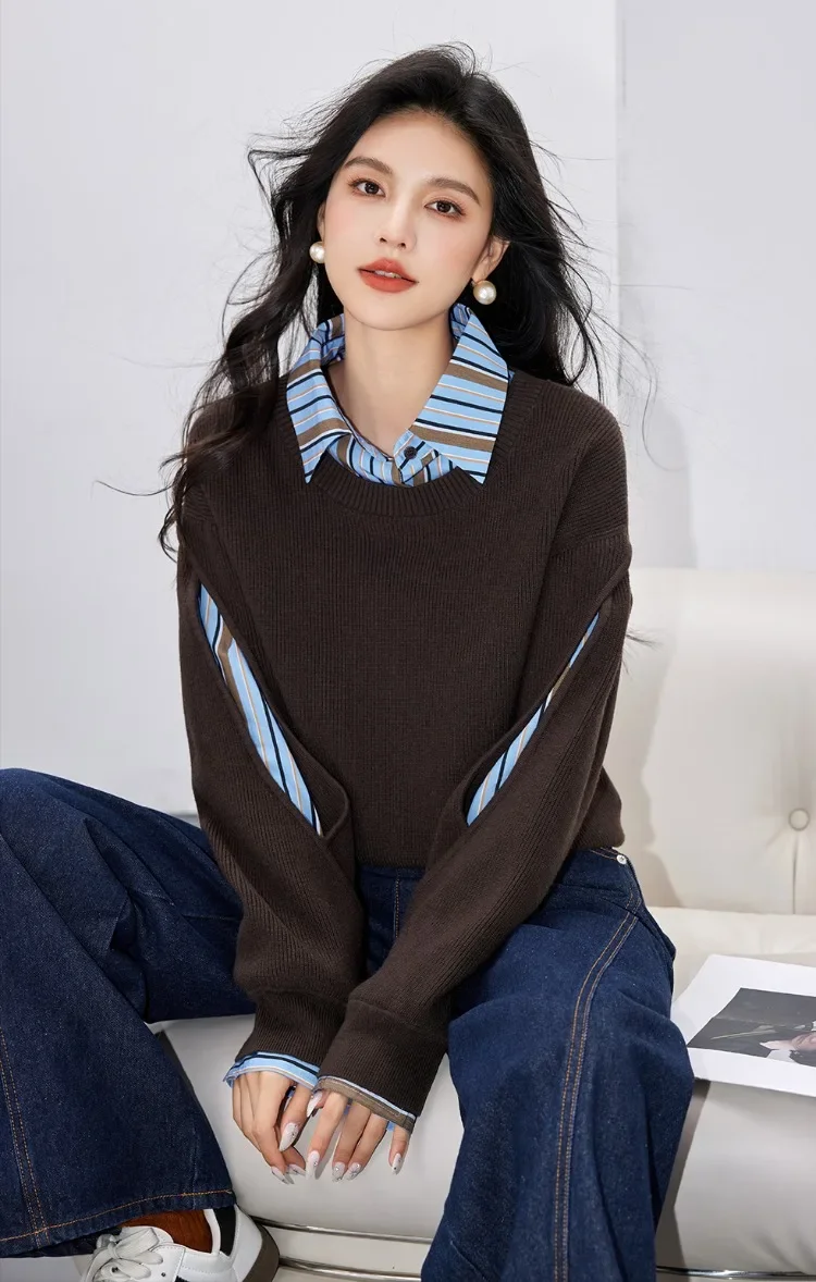 Fake 2 Pieces Spliced Hollow Out Sweater Women Autumn Winter Vintage Fashion Laple Long Sleeve Casual Pullover Knitted Sweaters