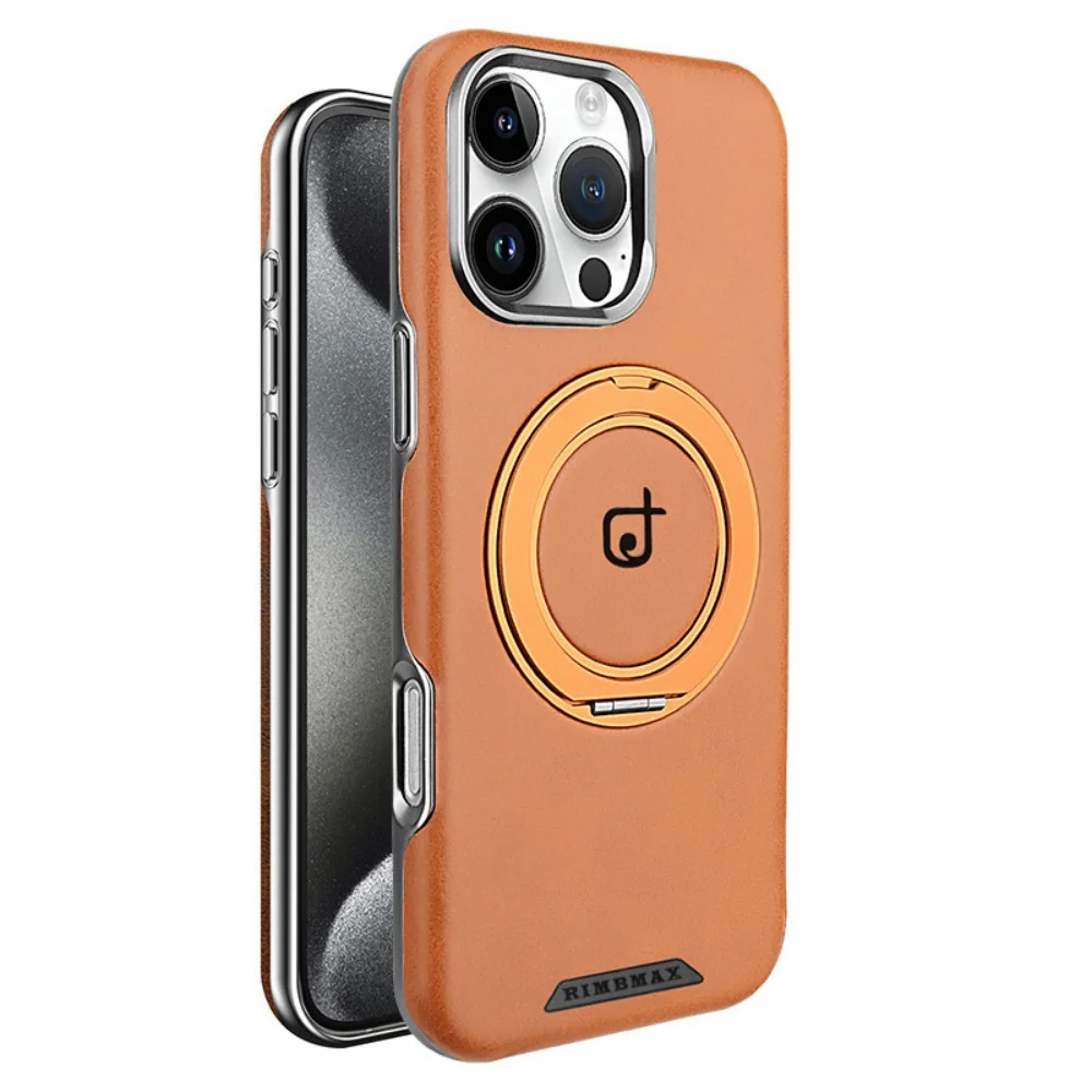 Magnetic Stand Rotating Bracket Leather Case for iPhone 17 12 13 14 15 16 Pro Max Plus Plating Bumper Lens Protective Cover