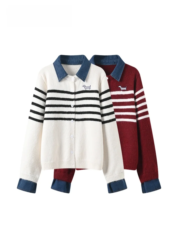 

Large Size Knitted Long Sve Ne Sweater with Denim Patchwork Striped Top for Women Winter New Sle Korean Sle