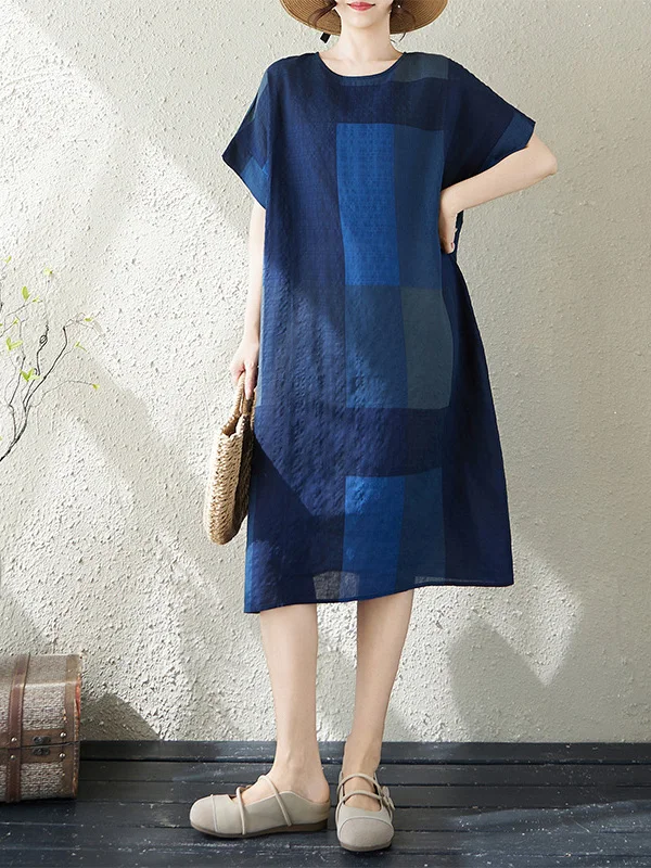 

Summer Thin Cotton Linen Print Artistic Women's round Ne ort Sve Midi Dr plus Size Loose Fit Ciwalk Straight Cut