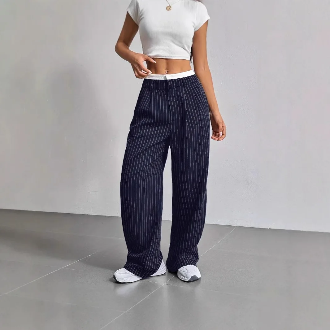 Fashion Pants Women's Stripe Straight Pants 2024 Autumn Winter High Waisted Casual Suit Pants Office Lady Women Trousers Bottoms