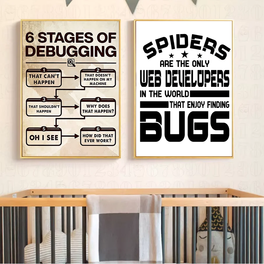 Frameless Canvas Print Funny Web Developer Wall Art 6 Stages Debugging Spiders Bugs Quote Office Decor Picture