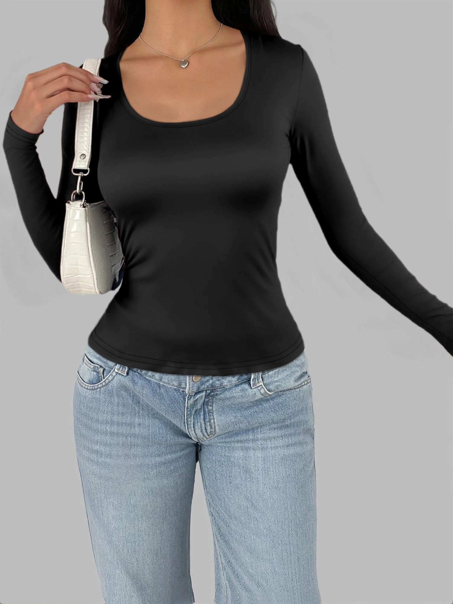 Minimalist U‑Neck Long Sleeve Blouse, Tailored Slim‑Fit Shirt for Office Meeting & City Daily Styling view 2