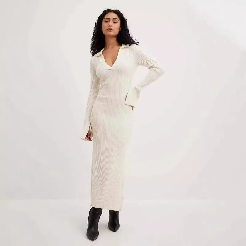 New Cross-border Independent Station Long-sleeved Bell Sleeve Dress Women's Knitting Foreign Trade Deep V Sweater Long Skirt