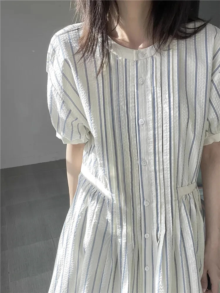plus Size 2300 Pou Gentle Wind Striped ort Sve Dr Women Summer Fat MM Loose Personali irt Long Dr