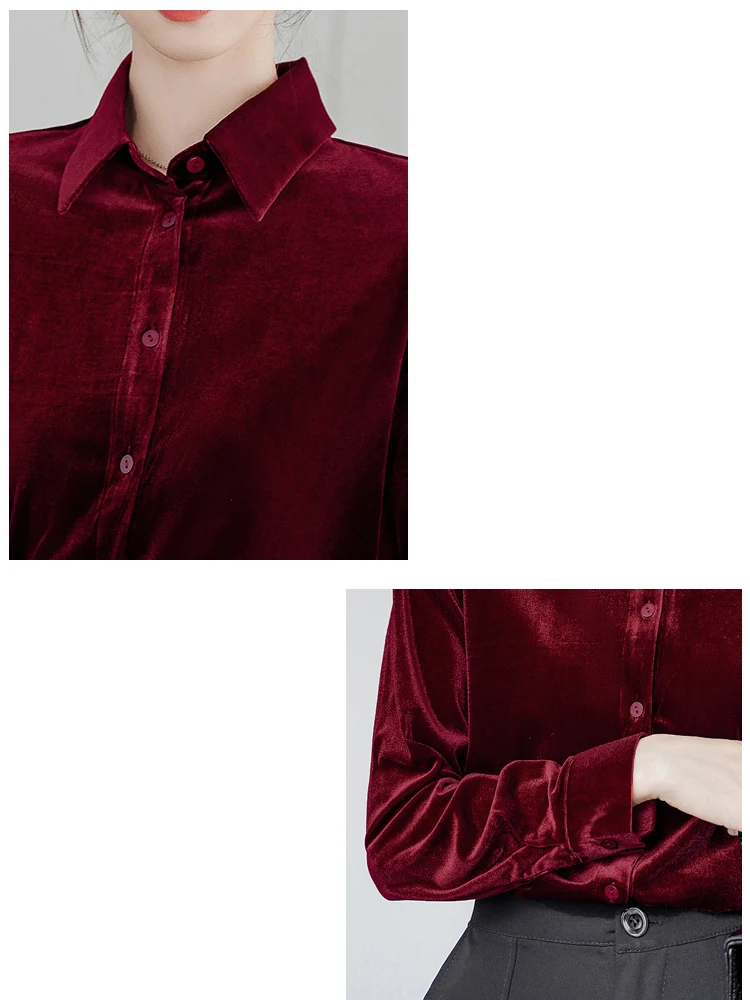 Vintage Wine Red Long Sleeve Blouse Autumn Winter Velvet Chic Versatile Women\'s Clothing Sales Gentle Style Tops Office Lady New