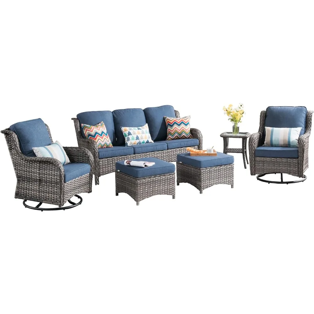 

Furniture Set with Swivel Rocking Chairs,6 Pieces All Weather Wicker Outdoor Furniture Sofa for Balcony,Grey Rattan Denim Blue