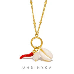 Red Chili Enamel Dangle Natural Stone Shell Pendant Fashion Gold Color Stainless Steel Chains Necklaces for Women Jewelry Gift