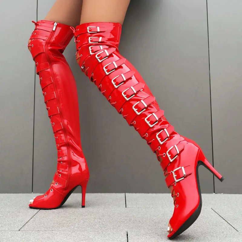 

Red Over-the-Knee Boots for Women Jazz Dance Shoes 7CM 9CM 10.5CM Fashion Belt Buckle High Heels PU Peep Toe Lace Up Long Boots