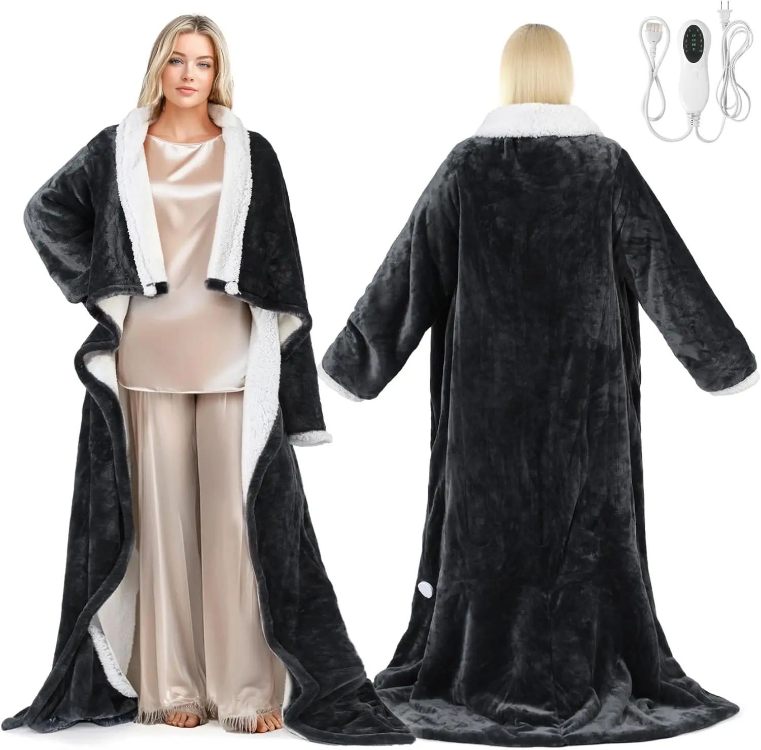 

Электрическое одеяло с подогревом, рукавами и карманом для ног, фланель-шерпа, 10 режимов нагрева, автоматическое отключение, темно-серый цвет