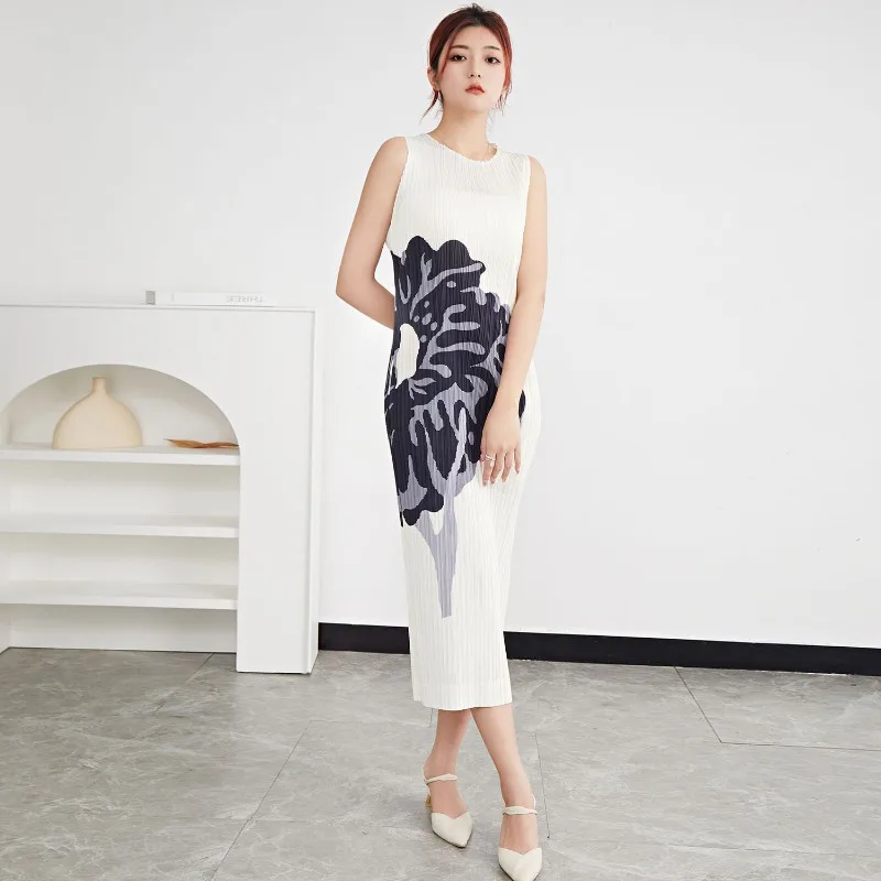 SMVP 여성용 원피스 라운드넥 민소매 프린트 디자인, 신축성 슬림 여성 드레스, 데일리 의류, 2025 여름 신상