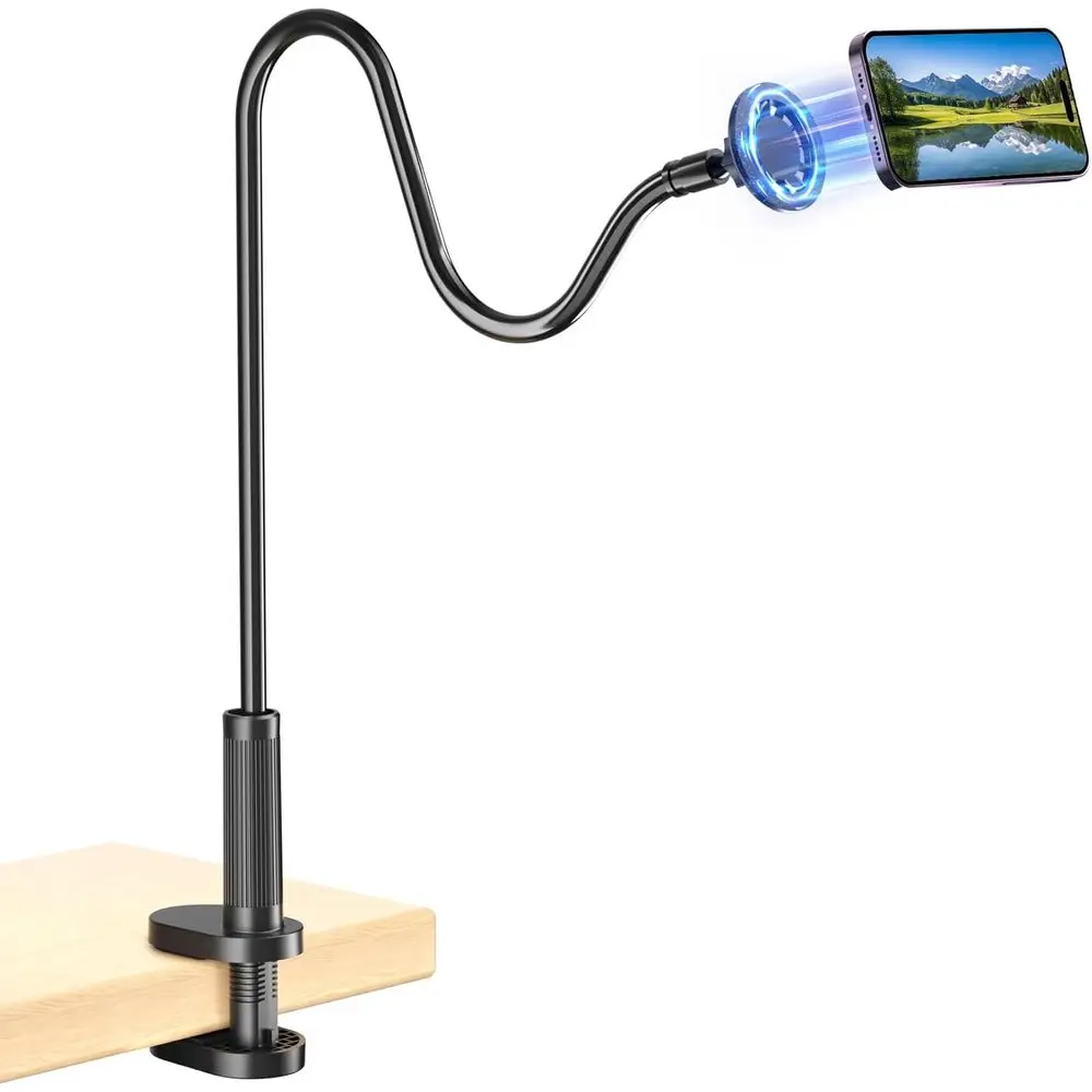 Universal Smartphone Holder with Magnetic Stand and Flexible Long Arm Mount for 360-Degree Adjustment and Desk Bed Mounting