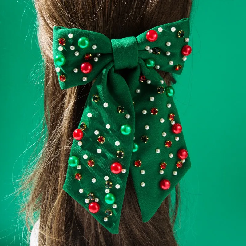 Christmas Red Green Headband & Long Tail Bow Hair Barrette  For Women, Luxury Pearl Rhinestone Decor Party Xmas Hair Accessory