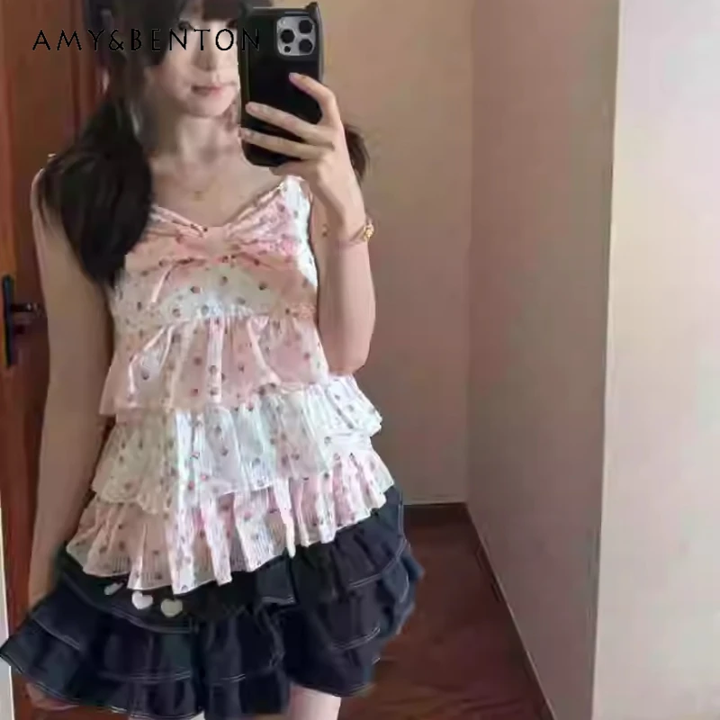 

Japanese 2025 Summer Cute Sweet Print Female V-Neck Sling Lace Lolita Animal Fruit Age Reduction Puffy Cake Short Dress Ladies