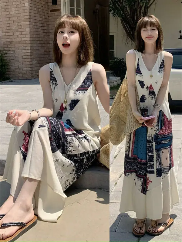 Island Style Retro Print Wide Leg Jumpsuit
