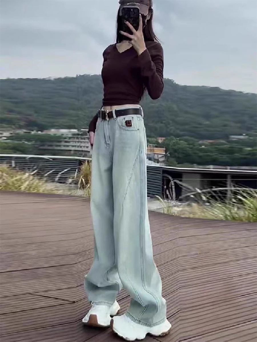 

Свободные джинсы с высокой талией и широкими штанинами, синие, женские, больших размеров, американского стиля, весна-осень, повседневные, прямого кроя, модель Knife