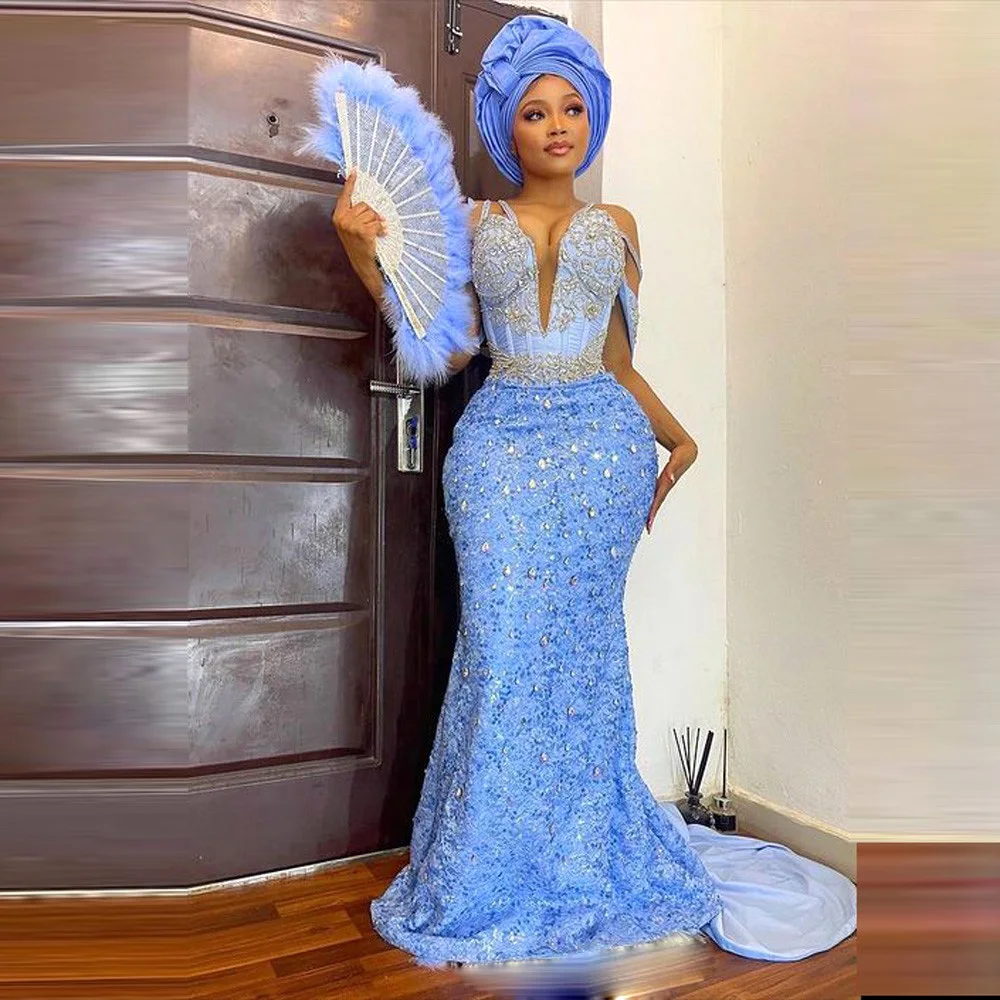 Lace Aso Ebi Prom Dresses V Neck Off The Shoulder Appliques Beads Mermaid Evening Dress فساتين للحفلات الراقصة Aso Ebi Gowns