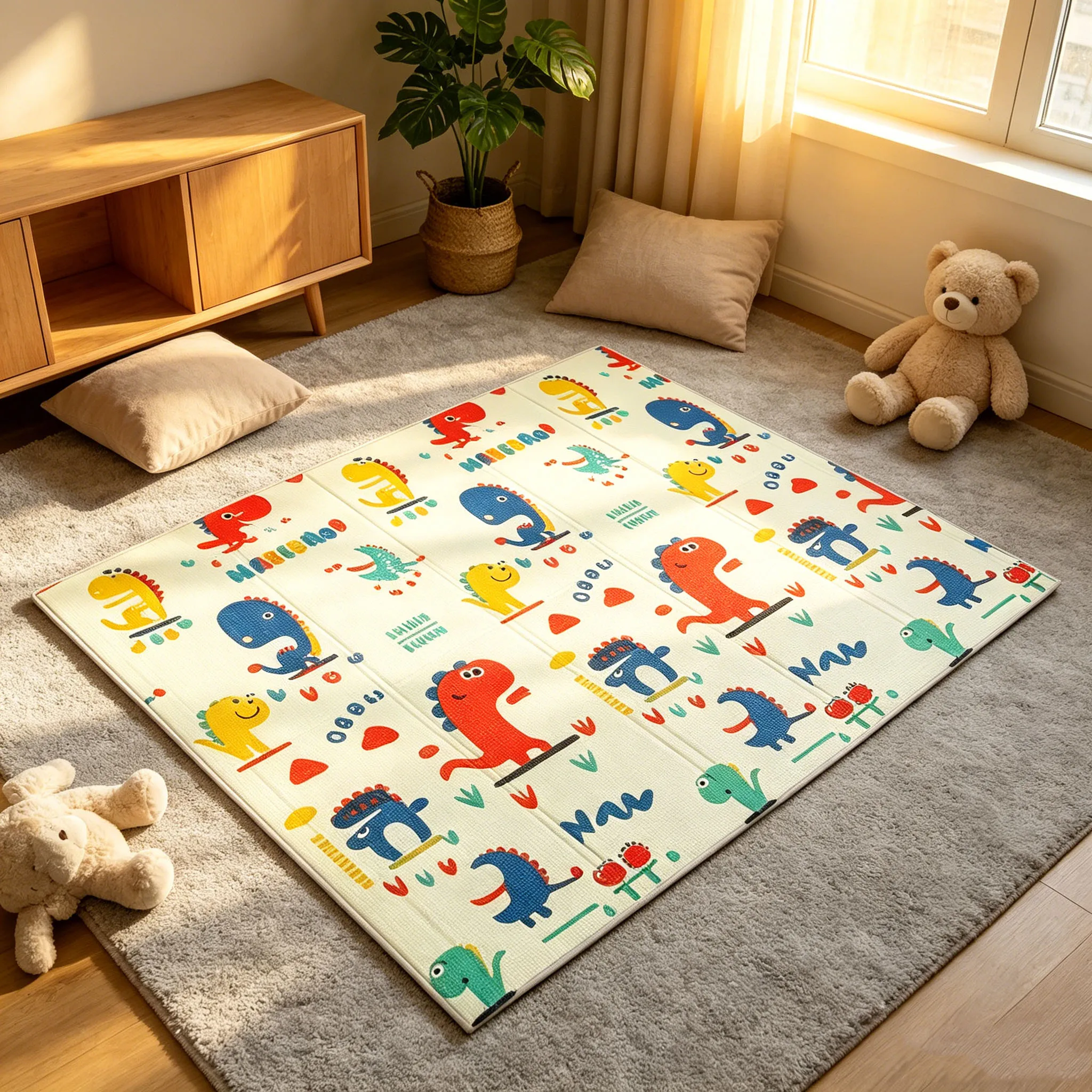 Thick baby crawling mat with cartoon patterns boosts growth. Foldable, easy storage, for 0-12yo, fits living room & bedroom use