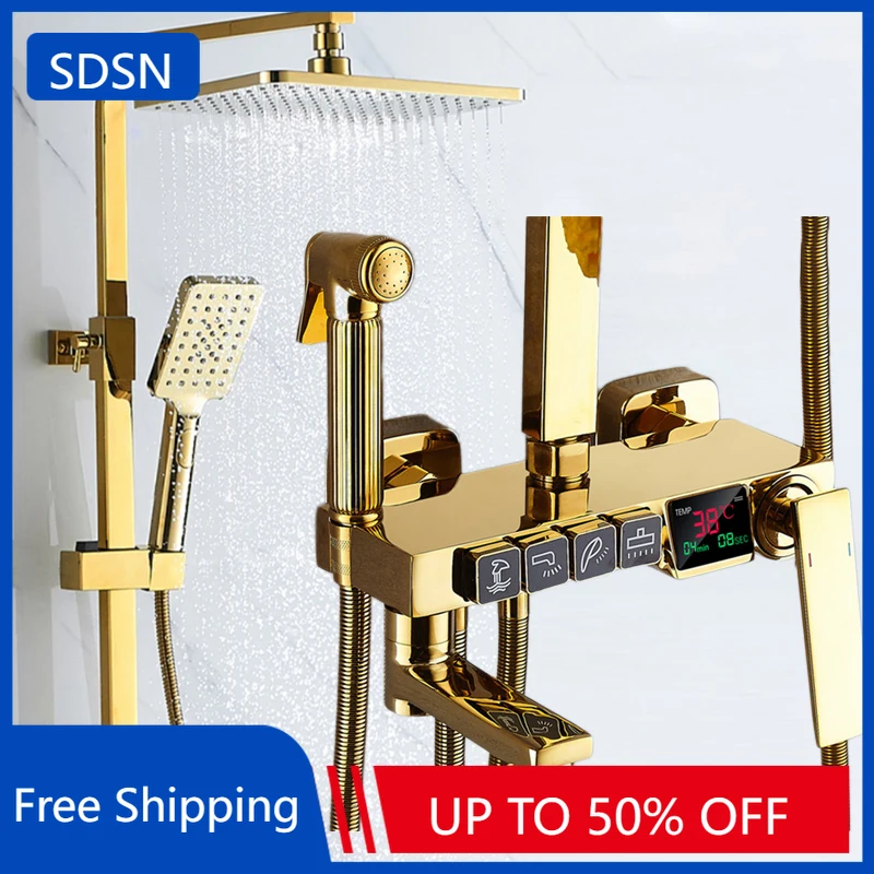 

SDSN золотой цифровой душевой набор для горячей и холодной ванной комнаты 12-дюймовая насадка для душа с дождевой насадкой латунные смесители для ванной комнаты термостатическая душевая система