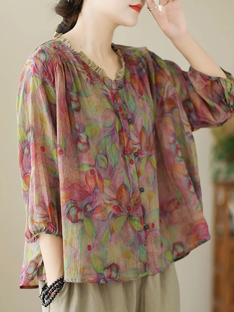 

Хлопковое льняное белье с цветочным принтом в стиле ретро, женское нижнее белье с v-образным вырезом и кружевной отделкой, свободная посадка на пуговицах, семи четвертей, Sl...