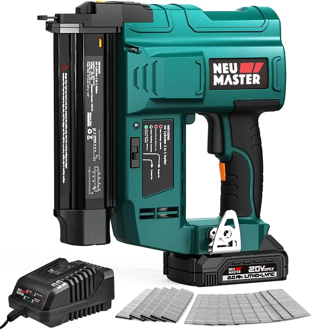 แบตเตอรี่ Master NAIL Gun, 18 Gauge 2 in 1ปืนตอกตะปู/ลวดเย็บกระดาษไร้สายพร้อมแบตเตอรี่ Li-ion 2.0Ah ตะปู1000ชิ้นและ50ชิ้น