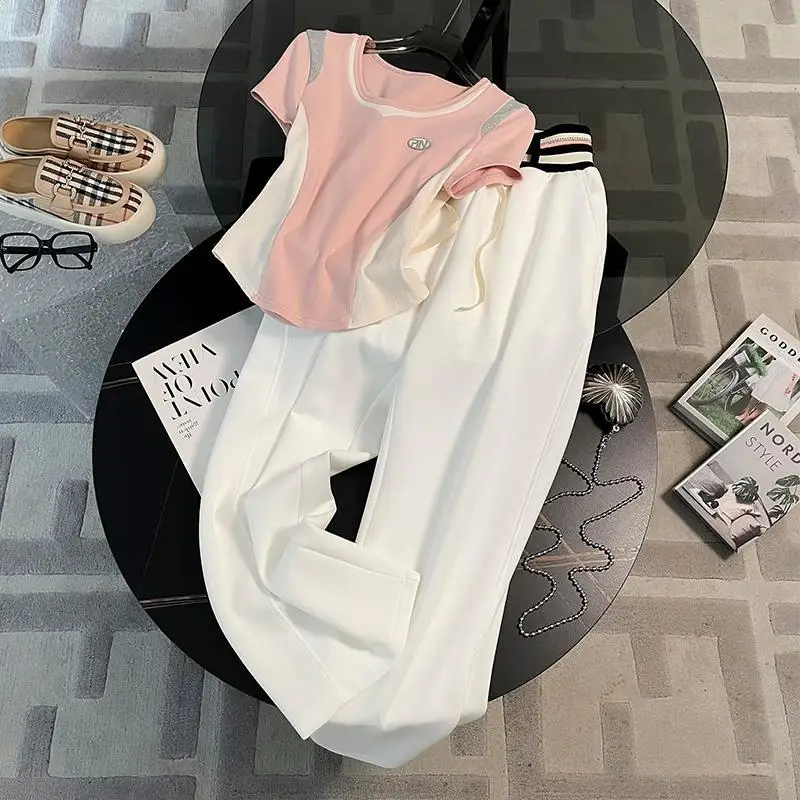 Two Piece Short Sleeve Trousers Fabric Cropped Top Pink Stitching Sleeves Back Sweet T-Shirts Y2K Sportswear 2023