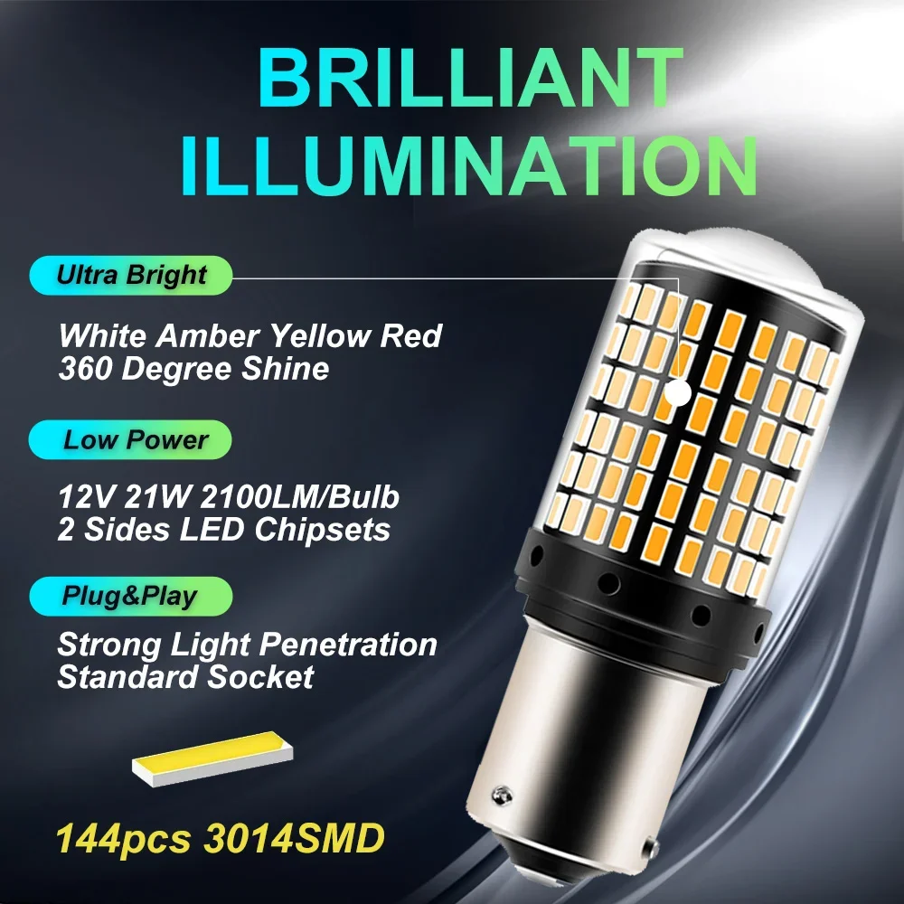 Signal lumineux 12V-24V, 1156 BA15S P21W 1157 BAY15D P21/5W T20 7443 W21/5W 7440 W21W 144LED, ampoule de frein de voiture, clignotant automatique, 1 pièce