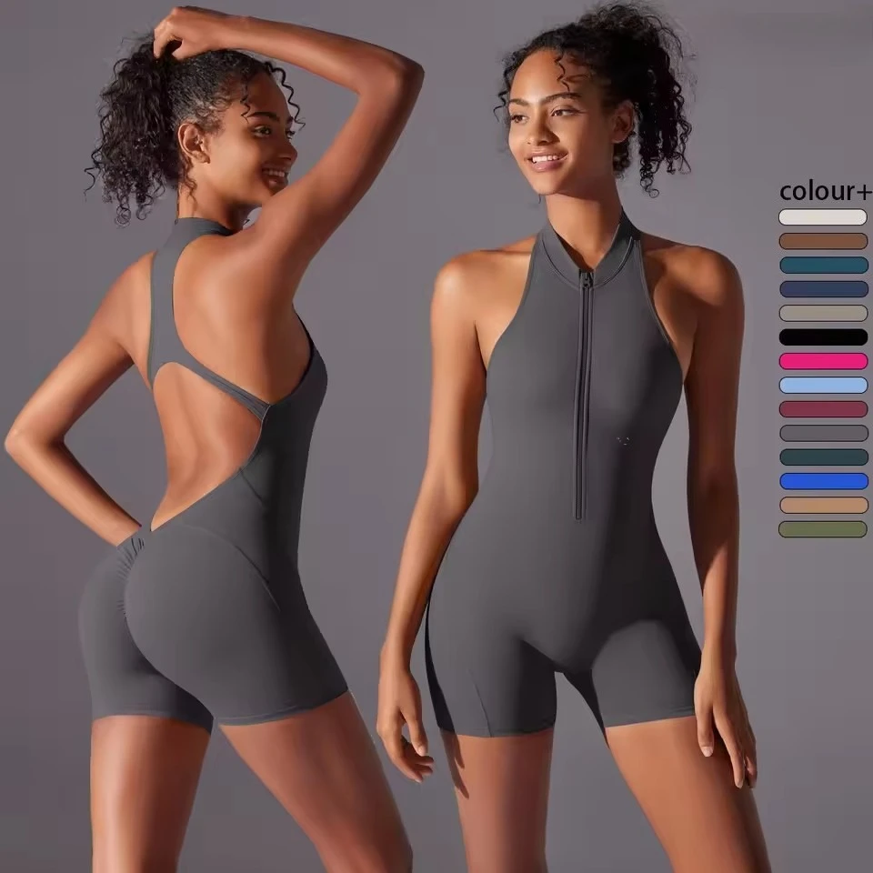 

Women Half Zipper Bodysuits Gym Push Up Workout Clothes Backless Scrunch Fitness Sports Yoga Bodysuit Sleeveles Fitness Jumpsuit