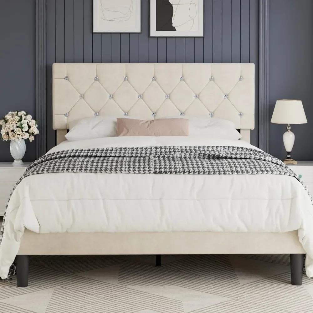 إطار سرير بحجم كوين، منصة منجدة مع لوح رأسي معنقدة ماسي قابل للتعديل، دعم شريحة خشبية، لا حاجة إلى صندوق زنبركي