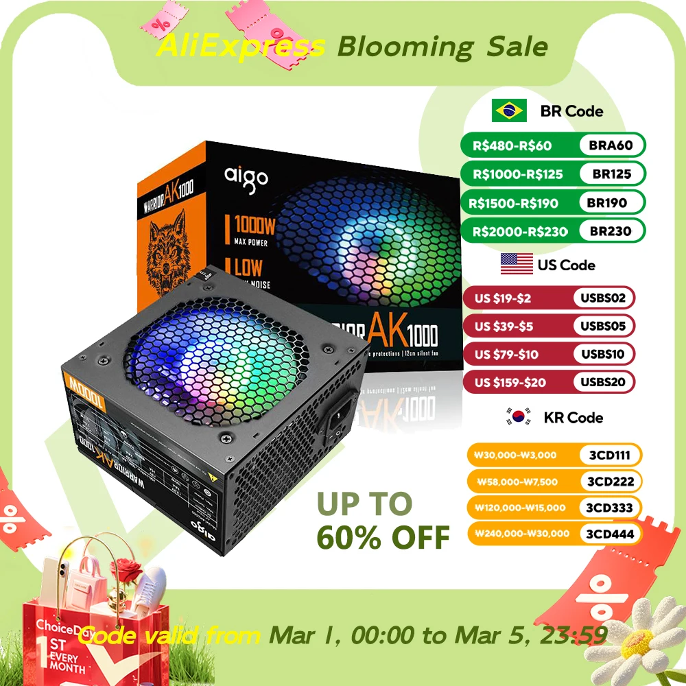 

Aigo Fonte 500 Вт 600 Вт 700 Вт 800 Вт 1000 Вт Блок питания DIY Gaming 120 мм RGB вентилятор ATX ПК Настольный компьютер Блок питания для 7800x3d